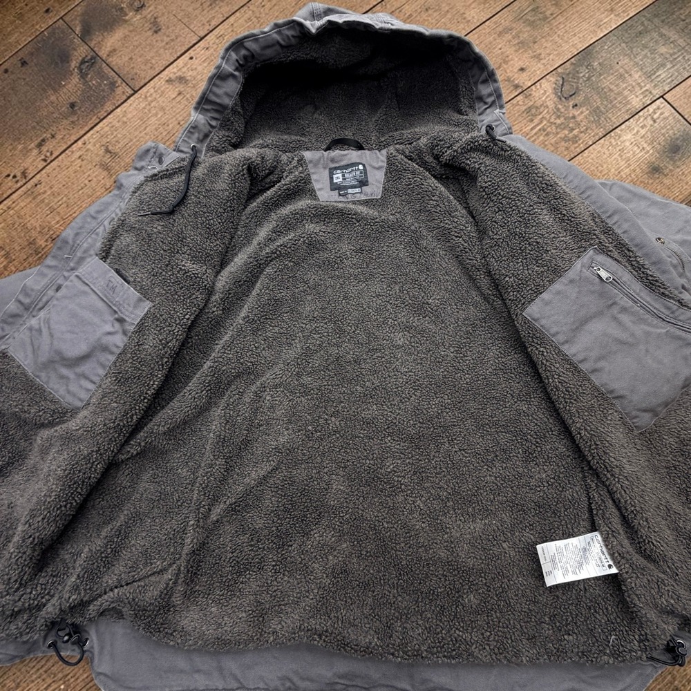 Carhartt Mens Relaxed Fit Sherpa Lined Hooded Canvas Jacket Size 2XL Shadow Grey